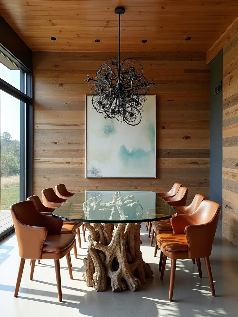 Chic dining area with upcycled materials and repurposed bicycle chandelier