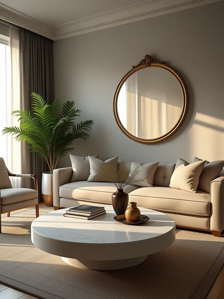 Chic living room with faux marble table and gilded mirror