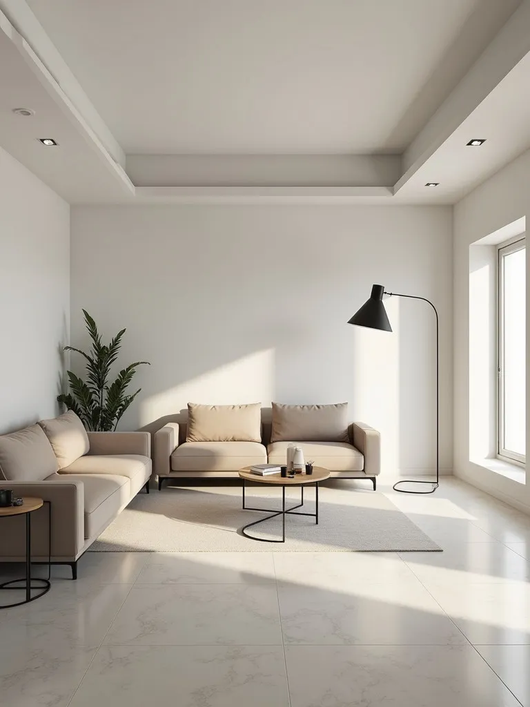Clean, bright living room with minimalist lighting fixtures