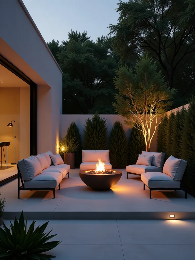 Clean lined patio featuring soft floor lighting and contemporary outdoor furniture