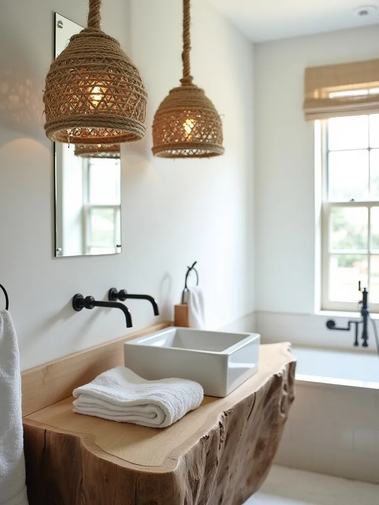 Coastal bathroom with rope pendant lights and driftwood vanity