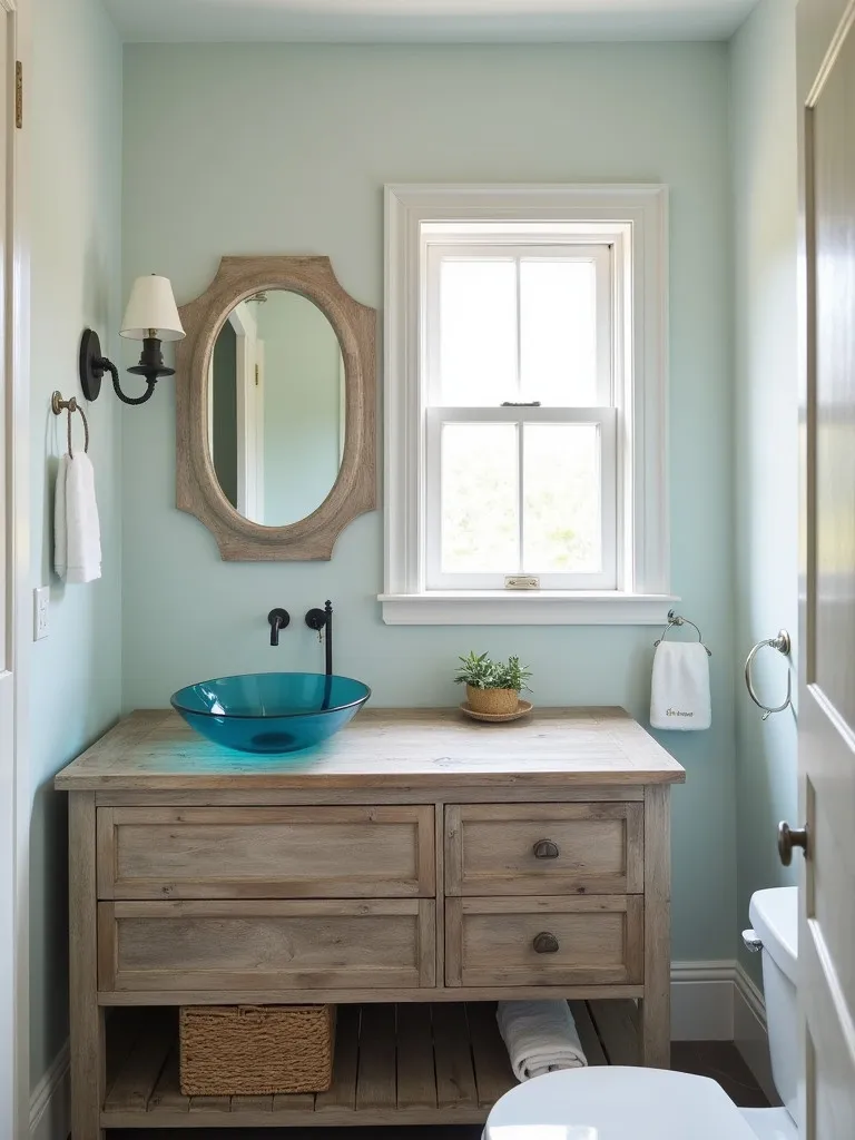 Coastal bathroom with weathered wood vanity and blue glass sink