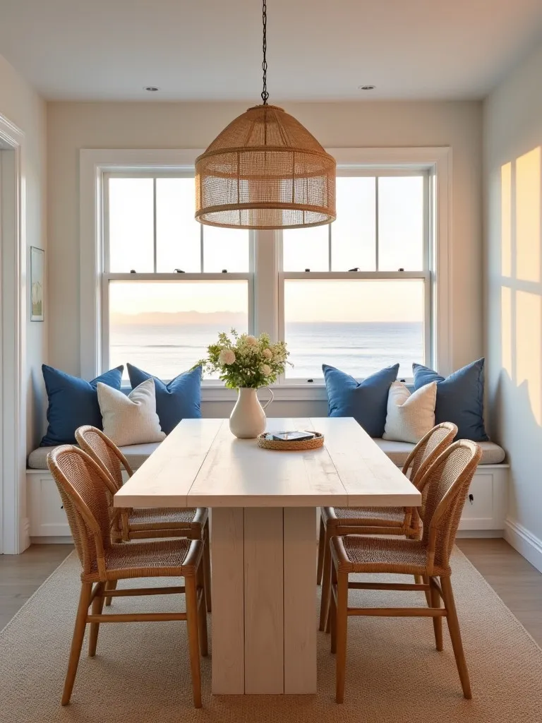 Coastal inspired dining room with whitewashed table and rattan chairs