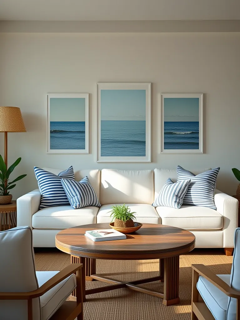 Coastal inspired living room with slipcovered sofa and rattan accents