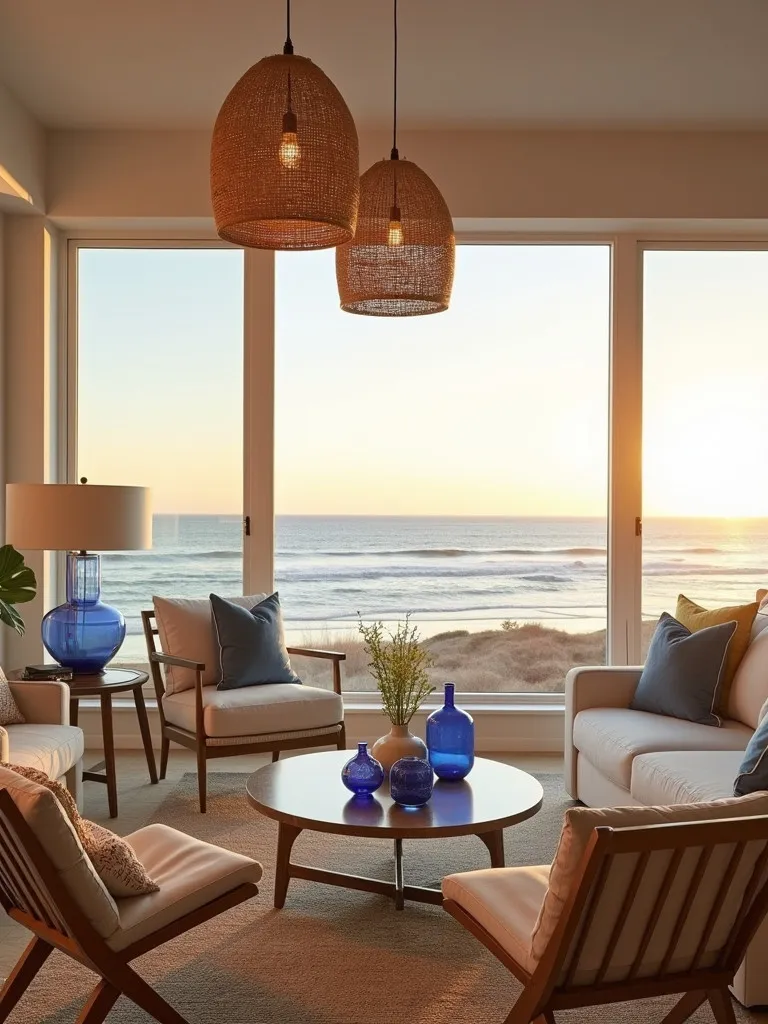 Coastal living room with rattan lights, blue lamps, and ocean view