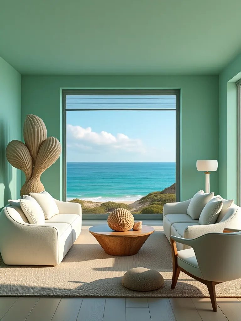 Coastal living room with sea foam green walls and ocean view