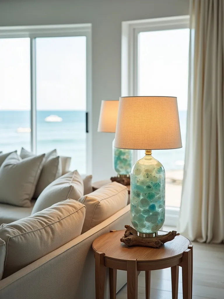 Coastal living room with sea glass and driftwood inspired table lamps