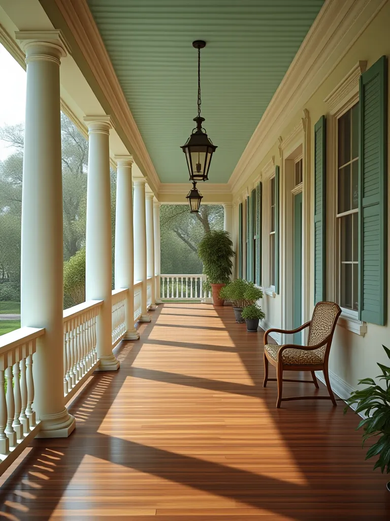 Coastal porch with gray floor, white railings, and blue ceiling overlooking ocean