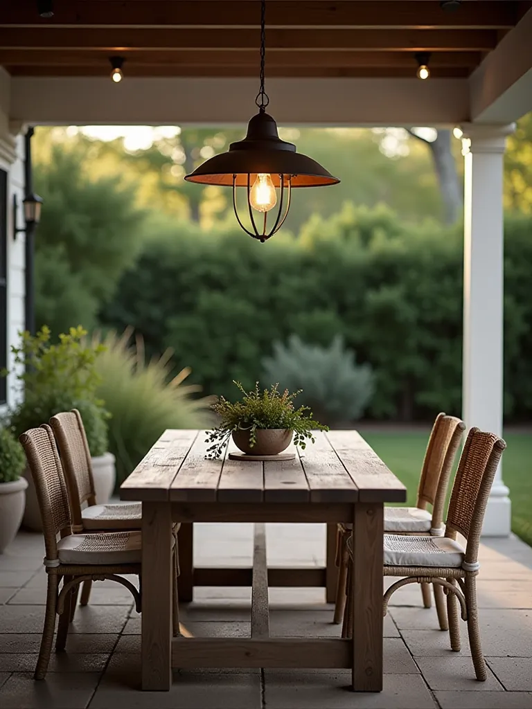 Coastal themed patio with rope lights and nautical pendant over wooden table