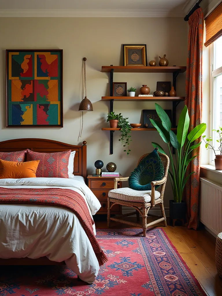 Colorful boho bedroom with mixed patterns and global artifacts