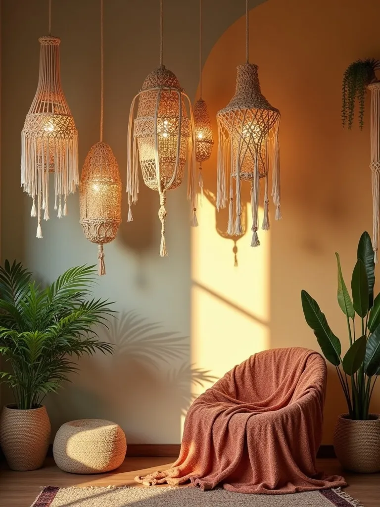 Colorful living room featuring hanging macramé lamp shades and plants