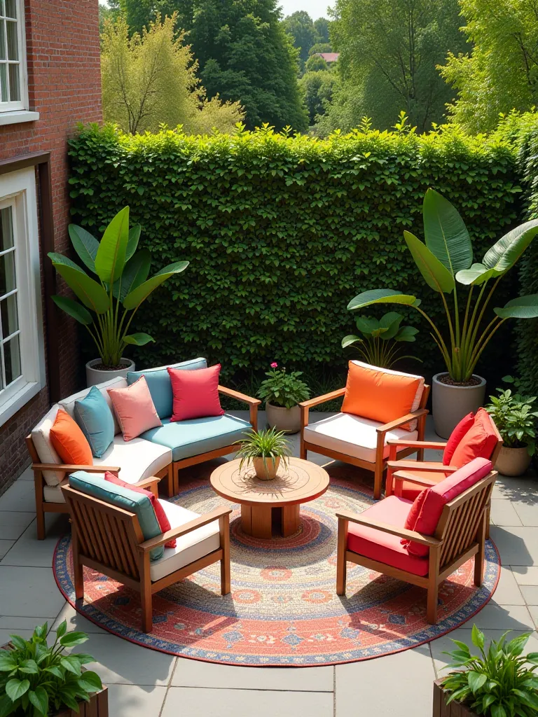 Colorful modular patio furniture on circular rug with vertical garden background