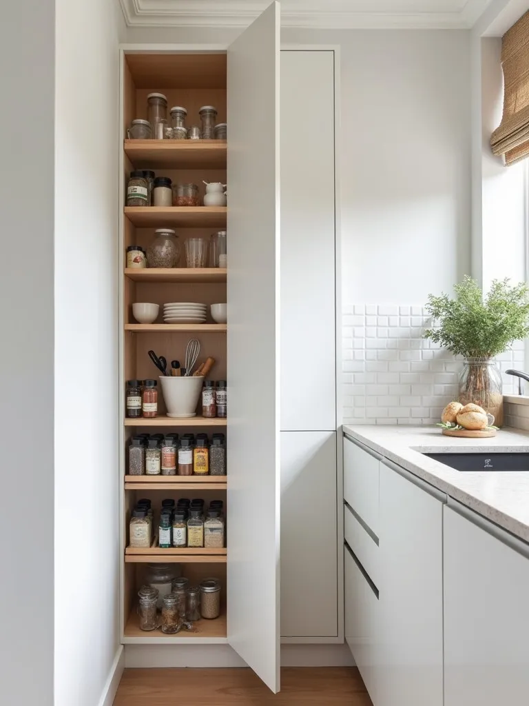 Compact Scandinavian kitchen with innovative pull out vertical storage