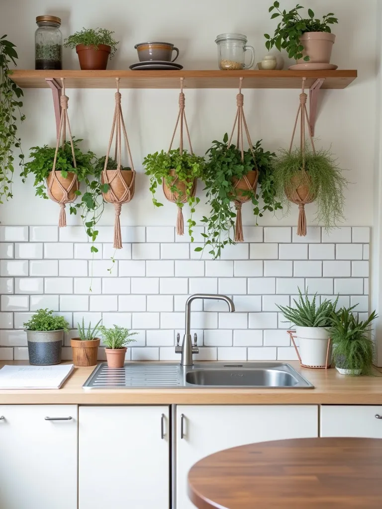 Compact Scandinavian kitchen with white tiles and various hanging and potted plants