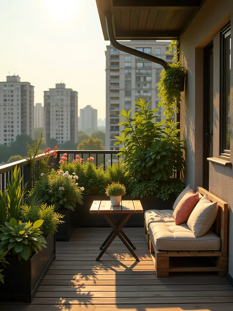 Compact balcony patio with vertical planters, bistro set, and DIY pallet sofa