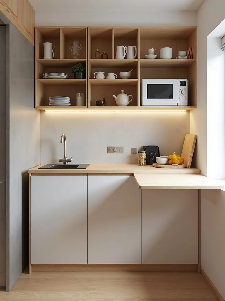 Compact kitchen with tall cabinets, pull out pantry, and fold down table in use
