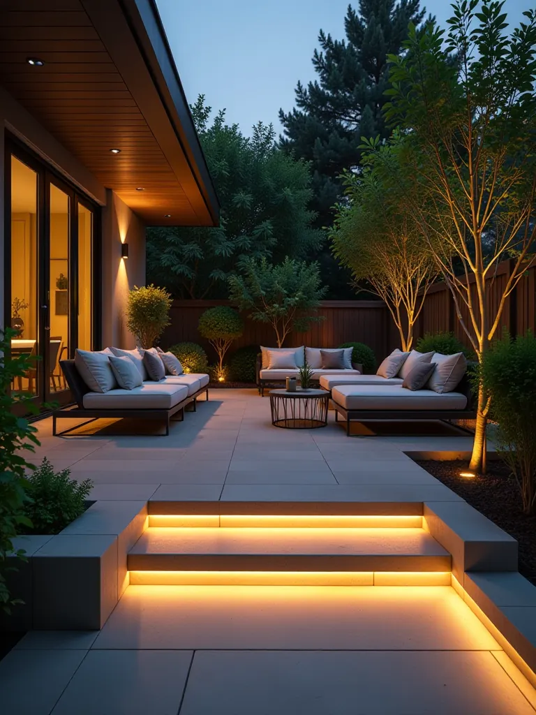 Contemporary backyard with illuminated steps and seating from built in LEDs