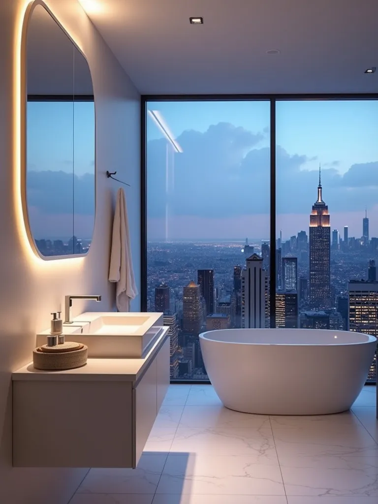 Contemporary bathroom with white vanity and city skyline view at twilight