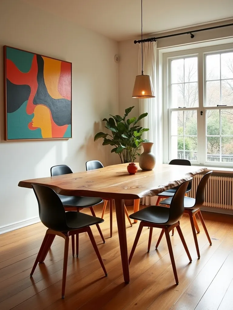 Contemporary dining area featuring wooden live edge table and artistic elements