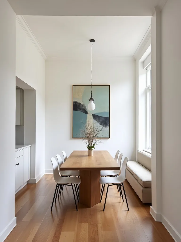 Contemporary dining area featuring wooden table with chairs and built in bench