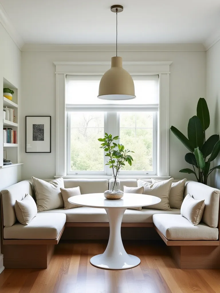 Contemporary dining area with white table and built in banquette seating