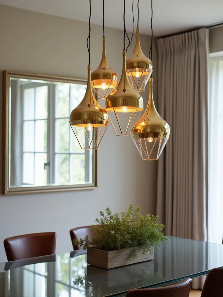 Contemporary dining room with clustered geometric brass pendant lights