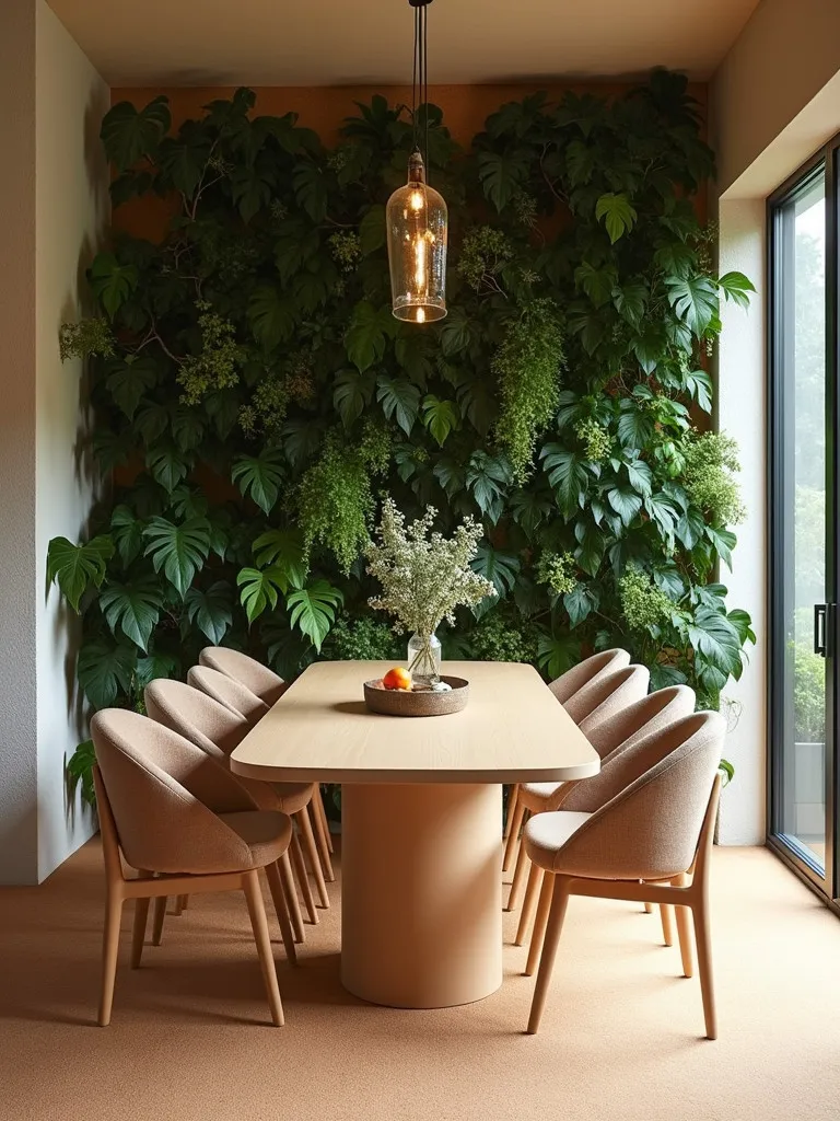 Contemporary dining room with cork floor, recycled plastic table, and living wall