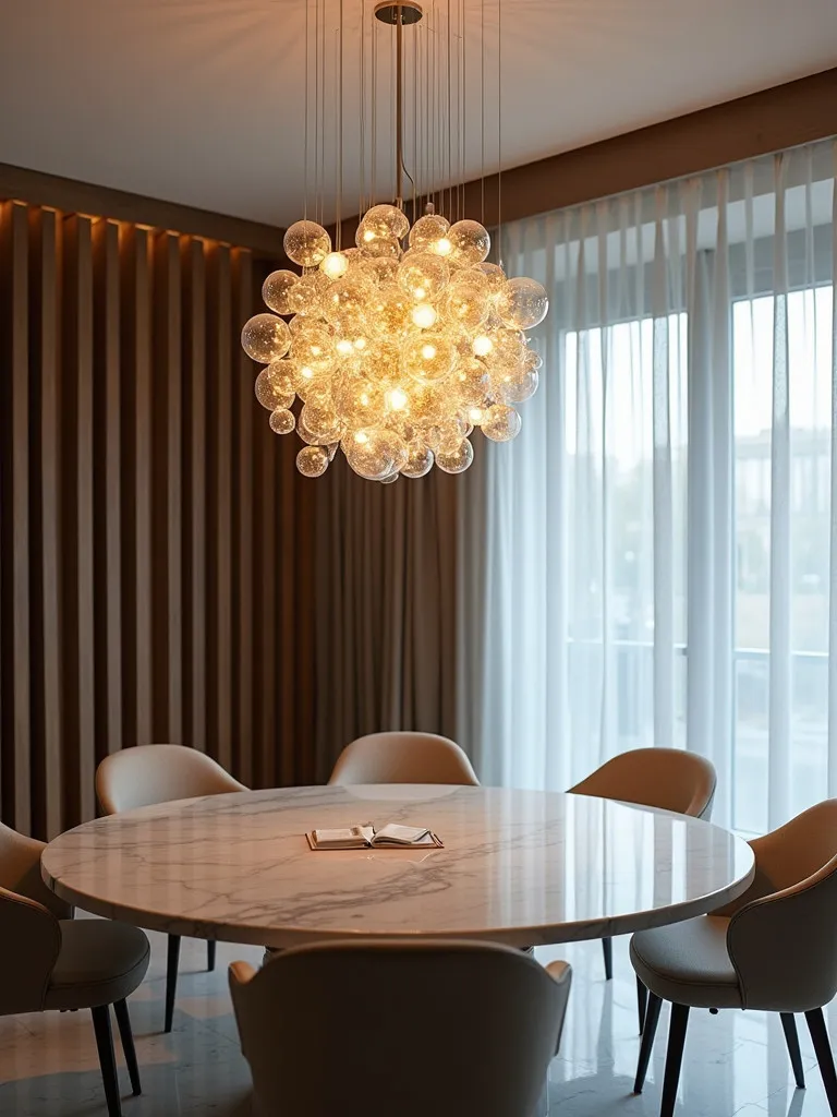 Contemporary dining room with glass orb sculptural chandelier