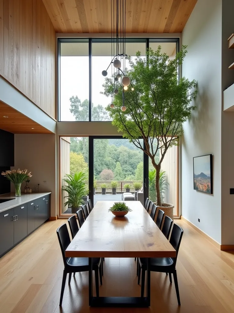 Contemporary dining room with high ceiling, long table, and large indoor tree