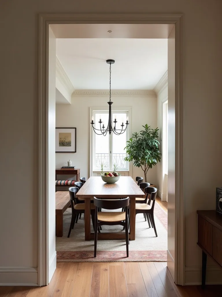 Contemporary dining room with long table and varied seating options