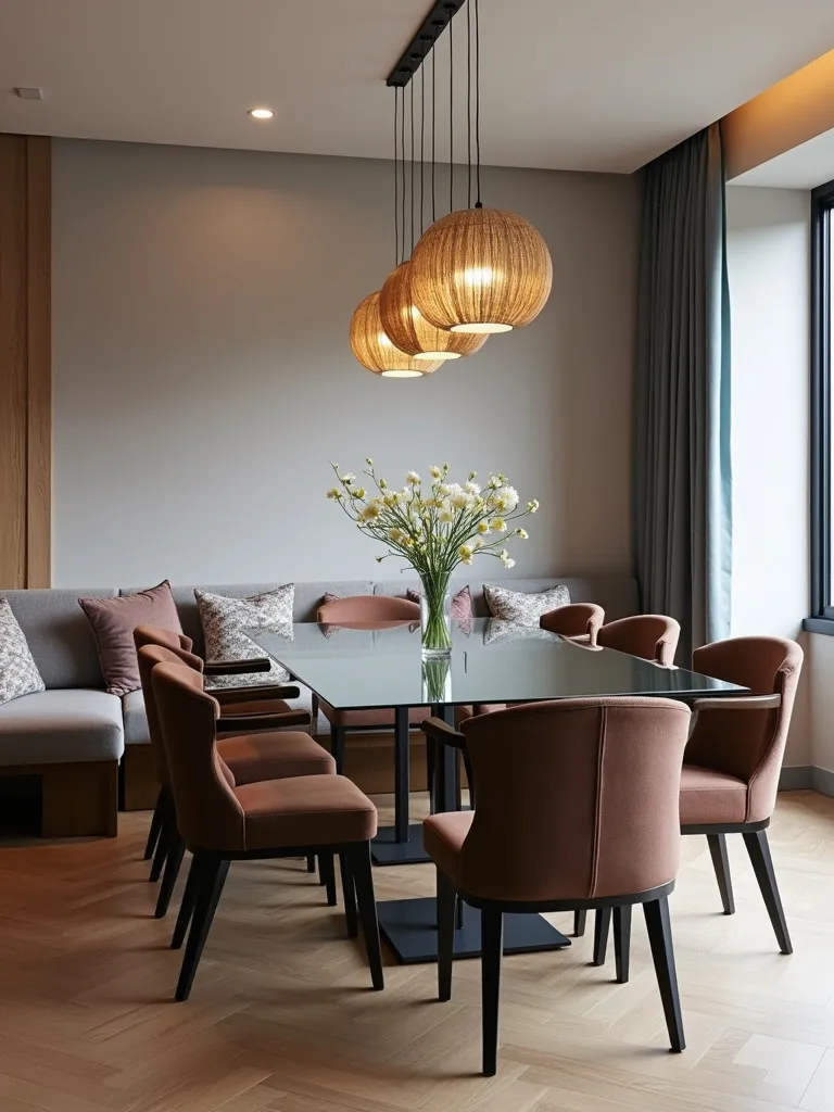 Contemporary dining room with mixed chair and bench seating around glass table
