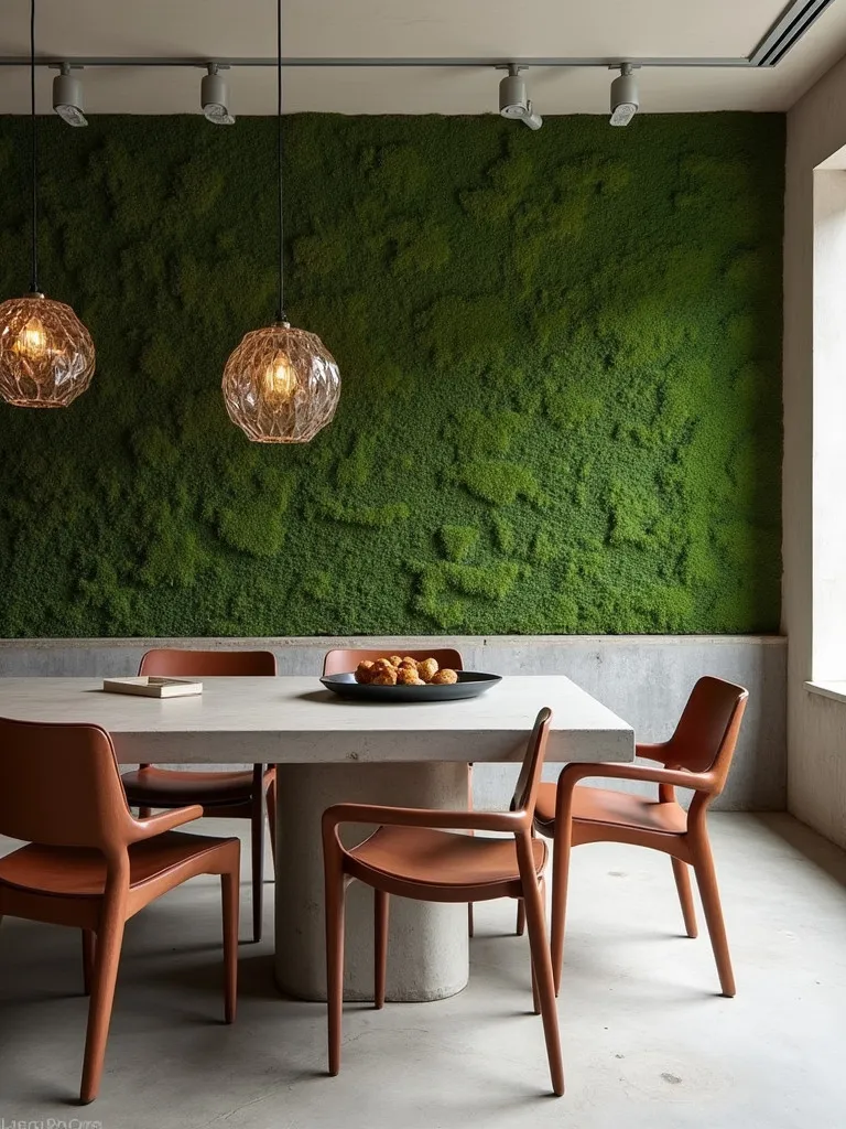 Contemporary dining room with moss accent wall and concrete table
