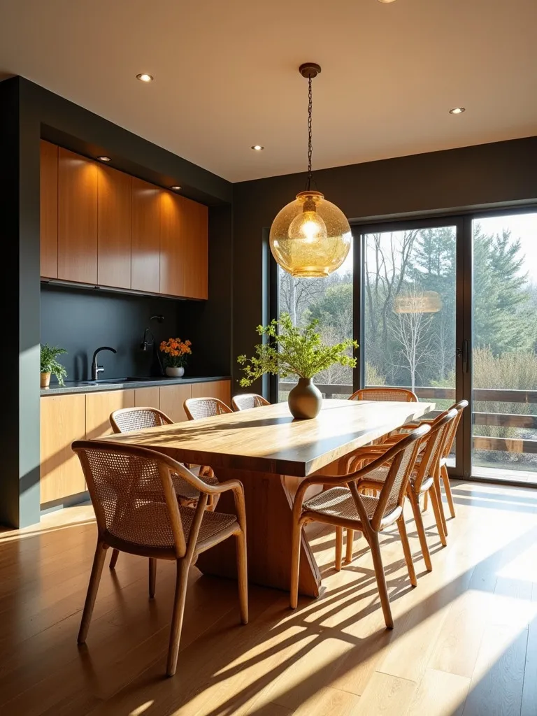Contemporary dining room with reclaimed wood table and recycled glass light fixture