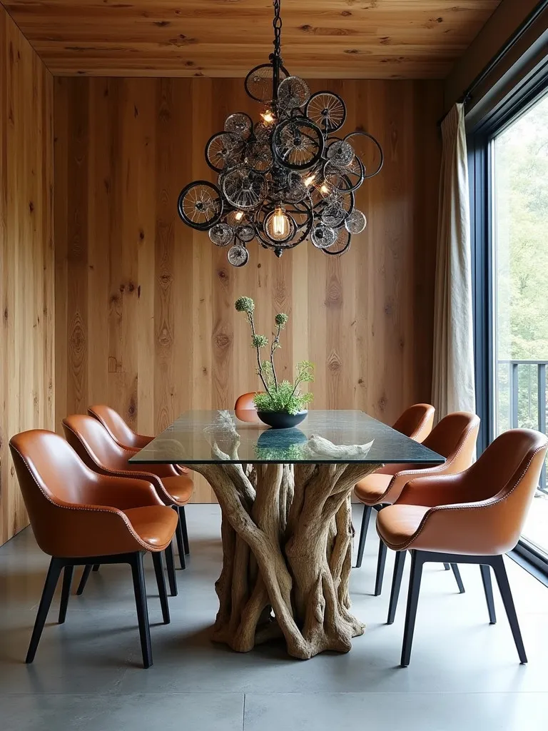Contemporary dining room with reclaimed wood walls and driftwood table base