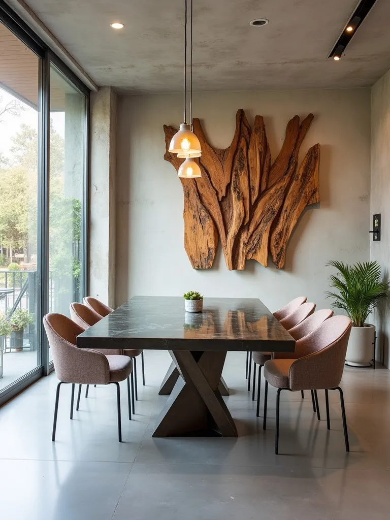 Contemporary dining room with recycled steel table and upcycled wood wall art