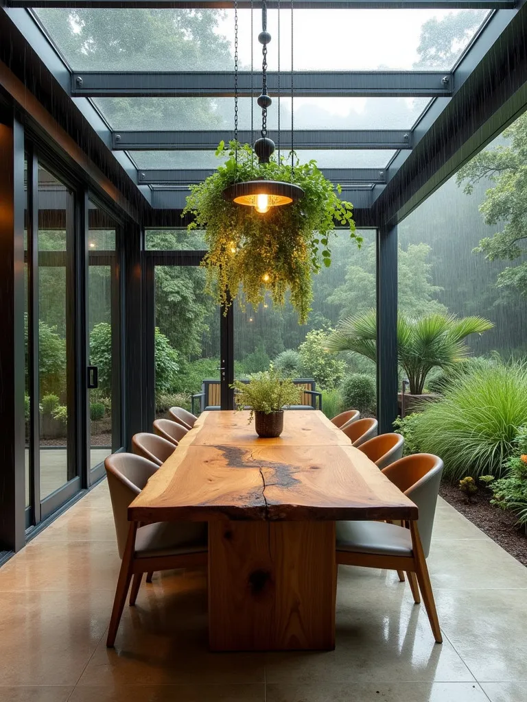 Contemporary dining room with retractable roof, wooden table, and rain view