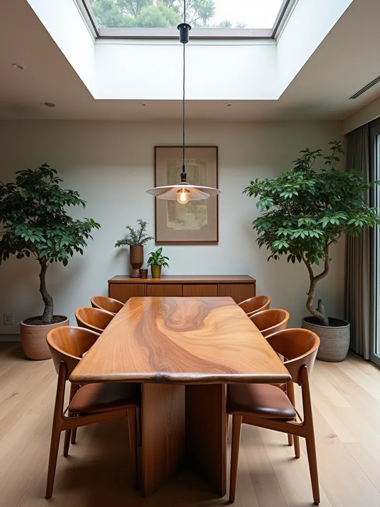 Contemporary dining room with skylight, wooden table, and potted trees