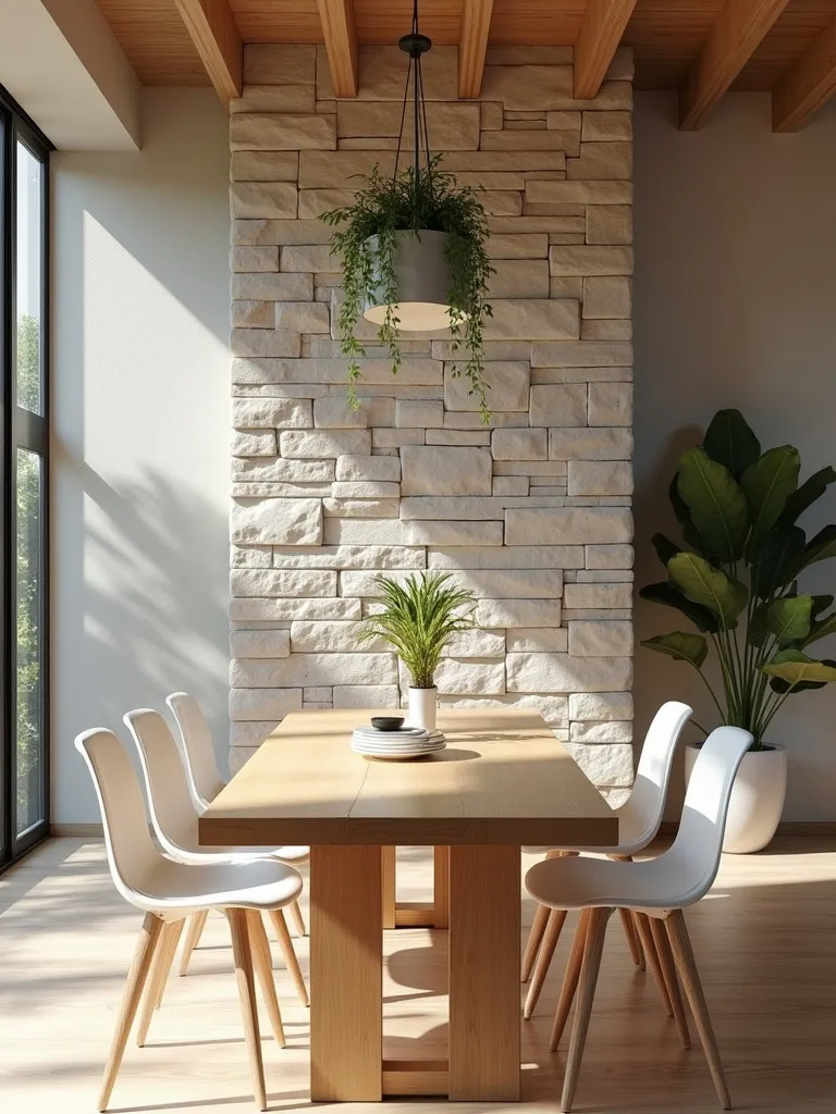 Contemporary dining room with stone wall, wooden table, and air plants