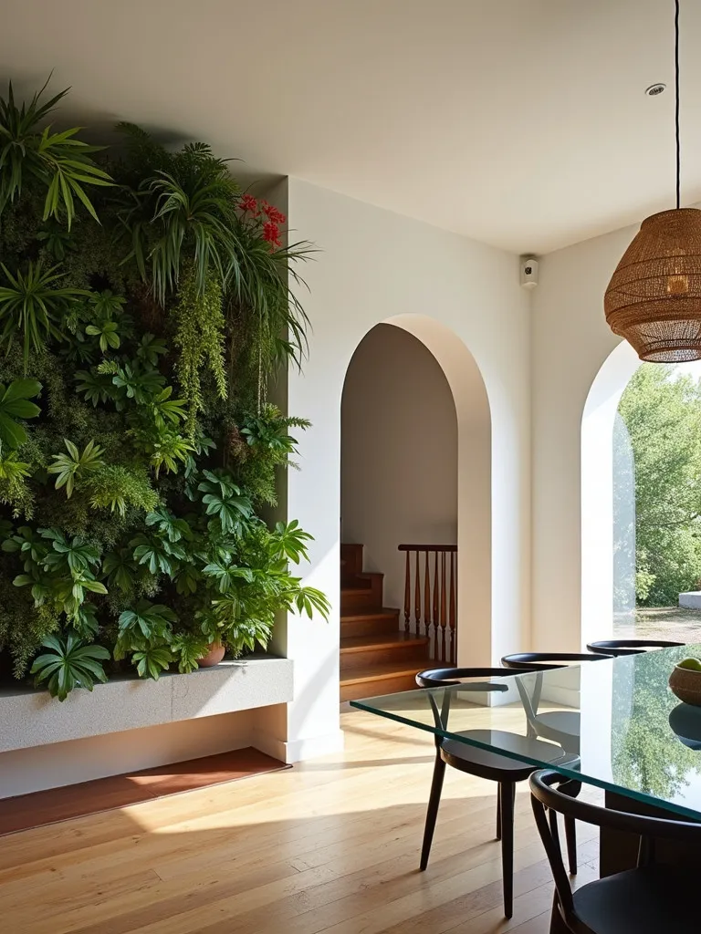 Contemporary dining room with vertical garden divider and glass table