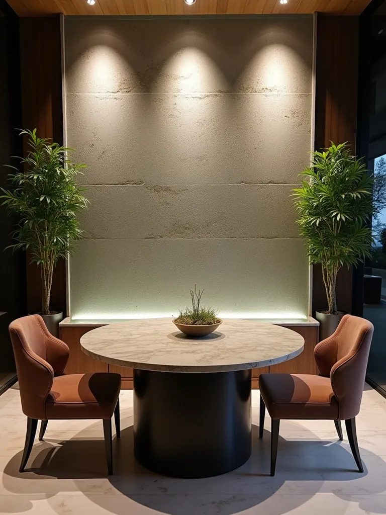 Contemporary dining room with water wall, marble table, and bamboo plants