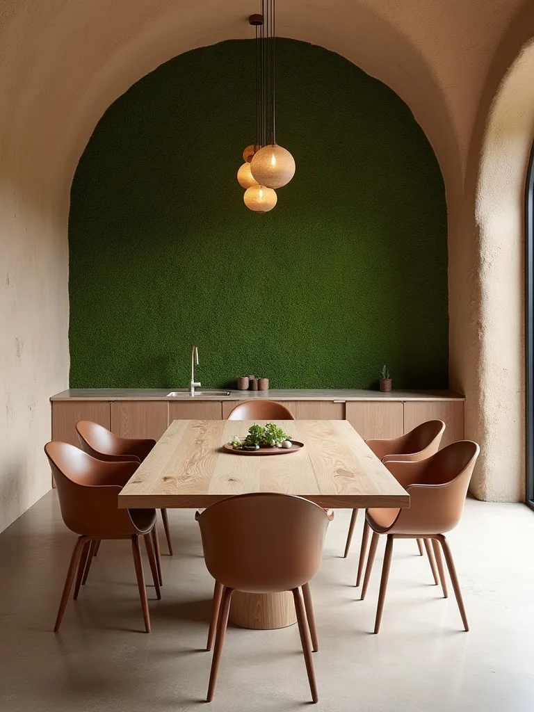 Contemporary dining space with floating table and moss wall feature
