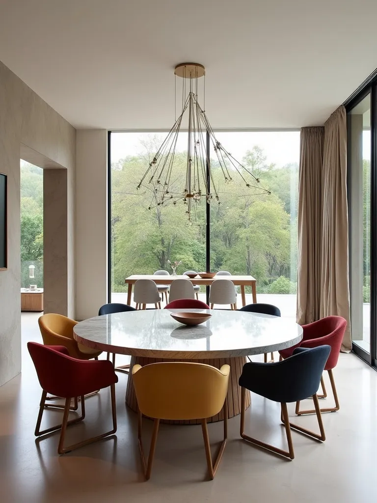 Contemporary dining space with sculptural colorful chairs around marble table