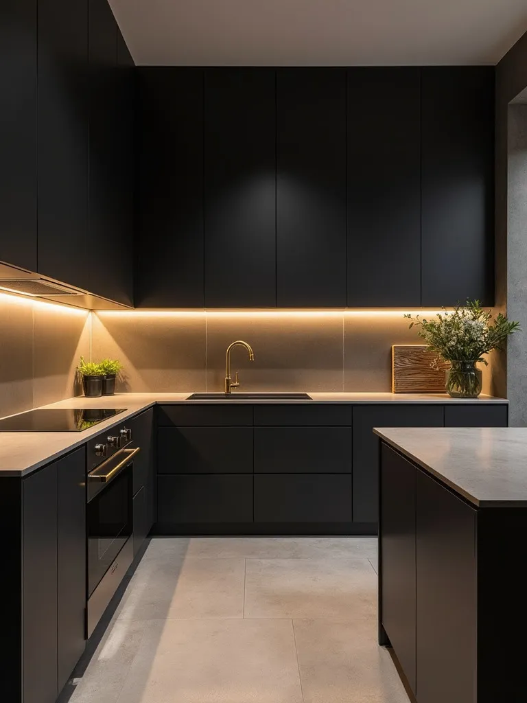 Contemporary kitchen featuring matte black cabinets and warm lighting