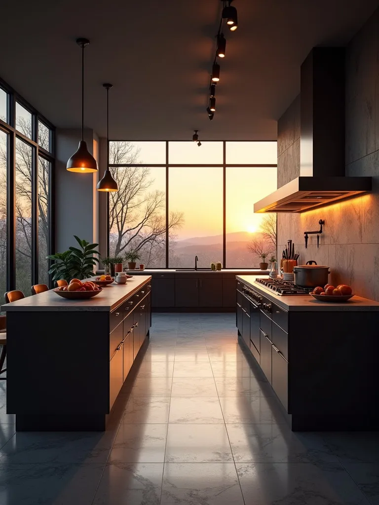 Contemporary kitchen with floor to ceiling windows and black cabinetry at sunset