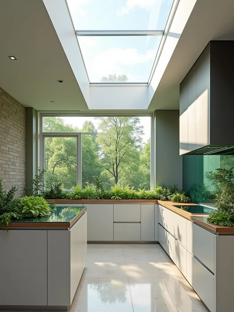 Contemporary kitchen with skylight, recycled countertops, and water filtration system