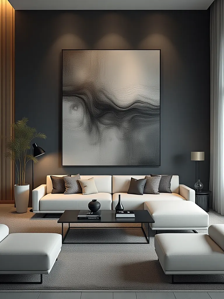 Contemporary living room featuring dark charcoal wall and abstract art