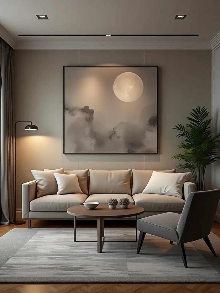 Contemporary living room with geometric wallpaper and abstract art