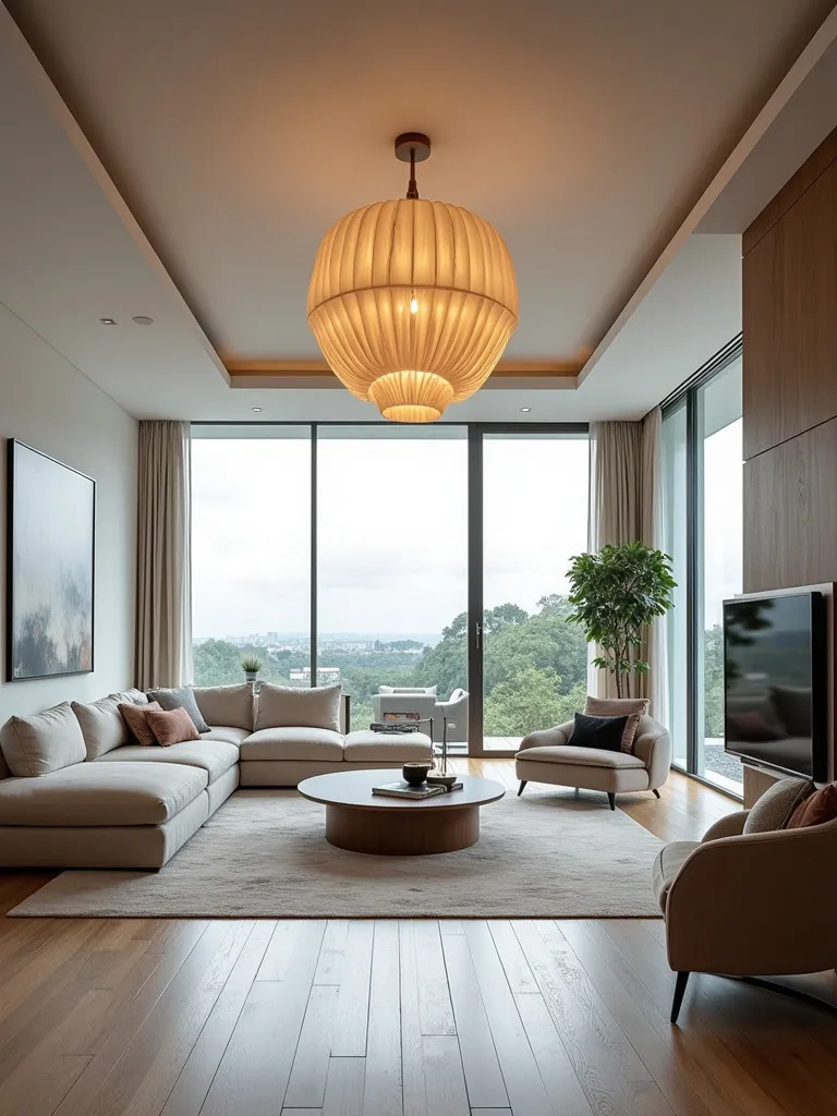 Contemporary living room with sculptural ceiling light and large windows