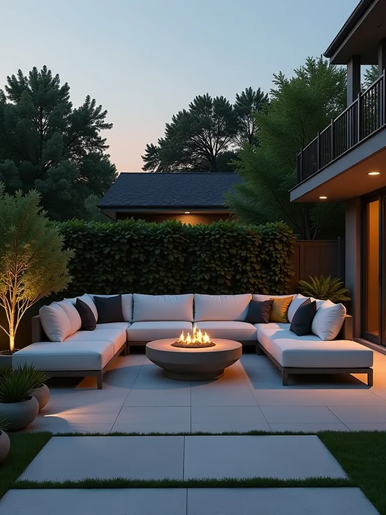 Contemporary patio with sleek sectional, concrete fire table, and succulents at twilight