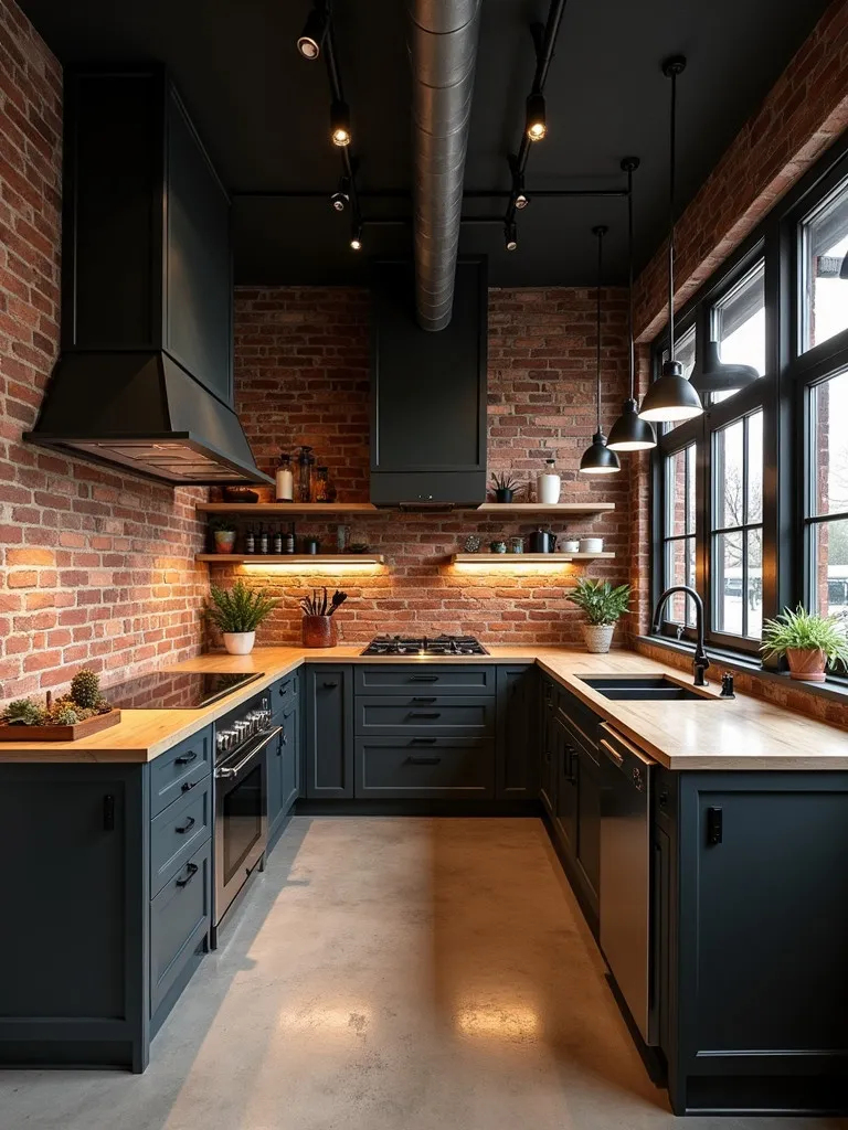 Contrast rich modern industrial kitchen with pendant lighting